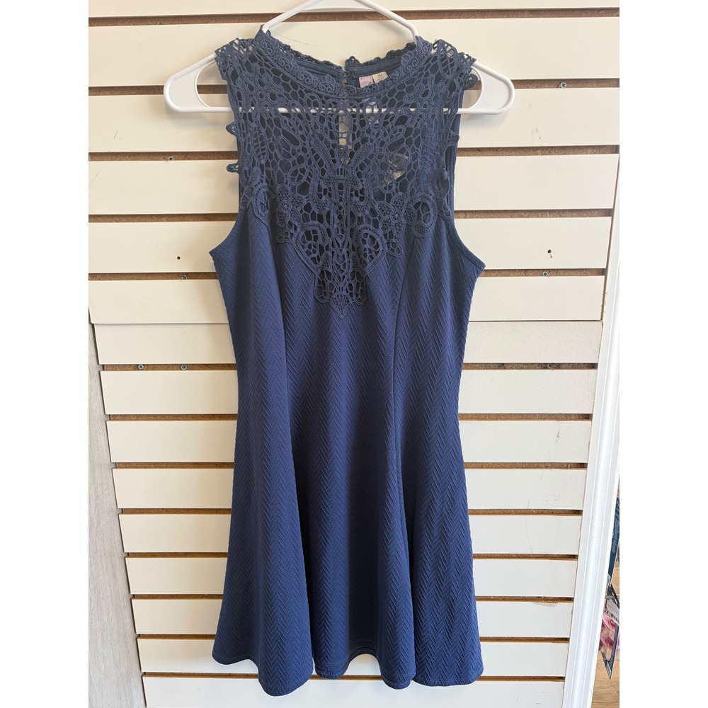 Alya Navy Blue Crochet Lace High Neck Chevron Knit Fit and Flare Skater Dress M